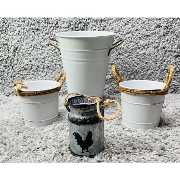 White Metal Bucket Container Round Farmhouse Bundle Of 4 Size Varies Home Decor - Picture 1 of 11